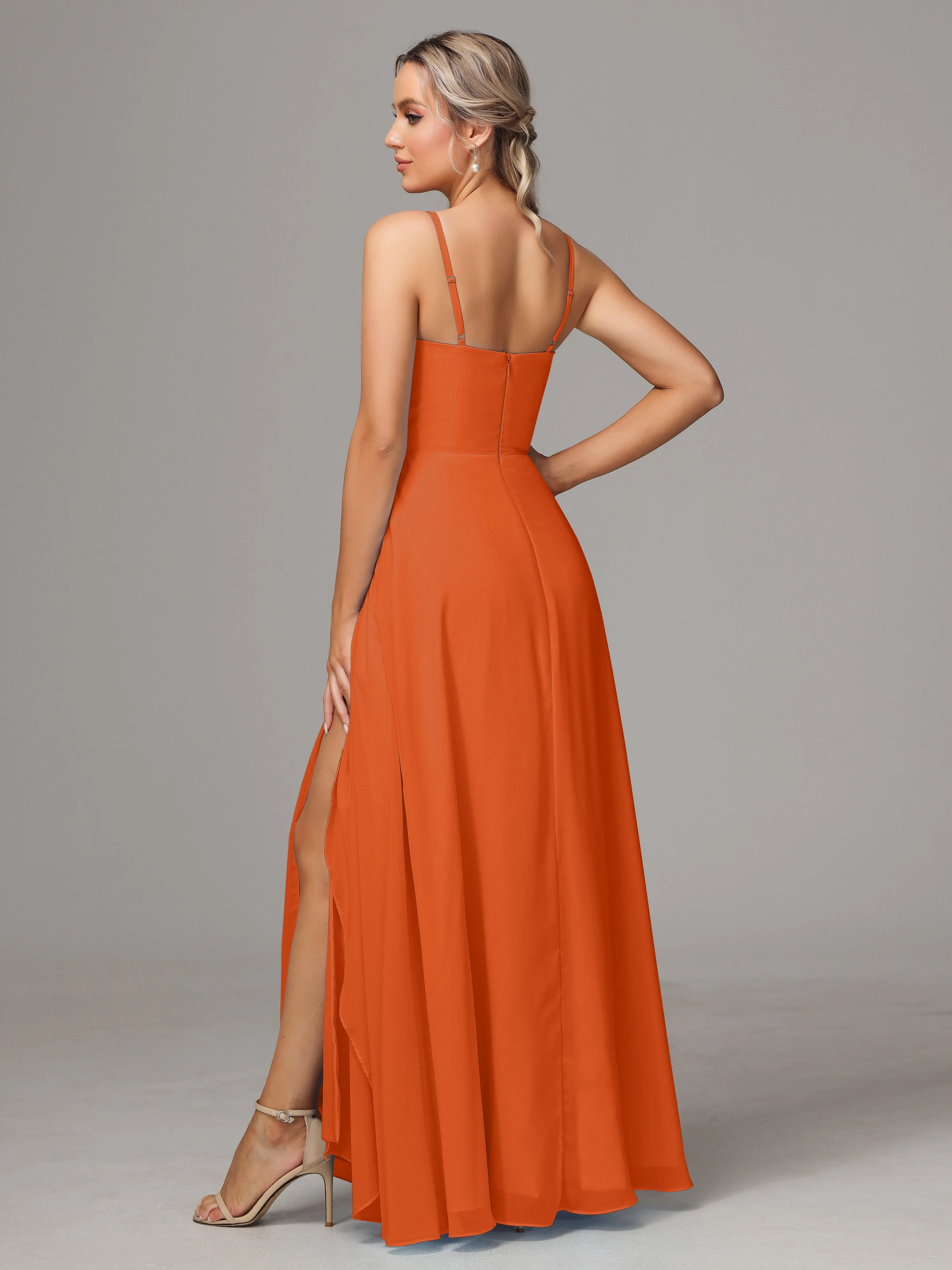 A-Line Ruffles Spaghetti Straps Chiffon Bridesmaid Dresses With Split