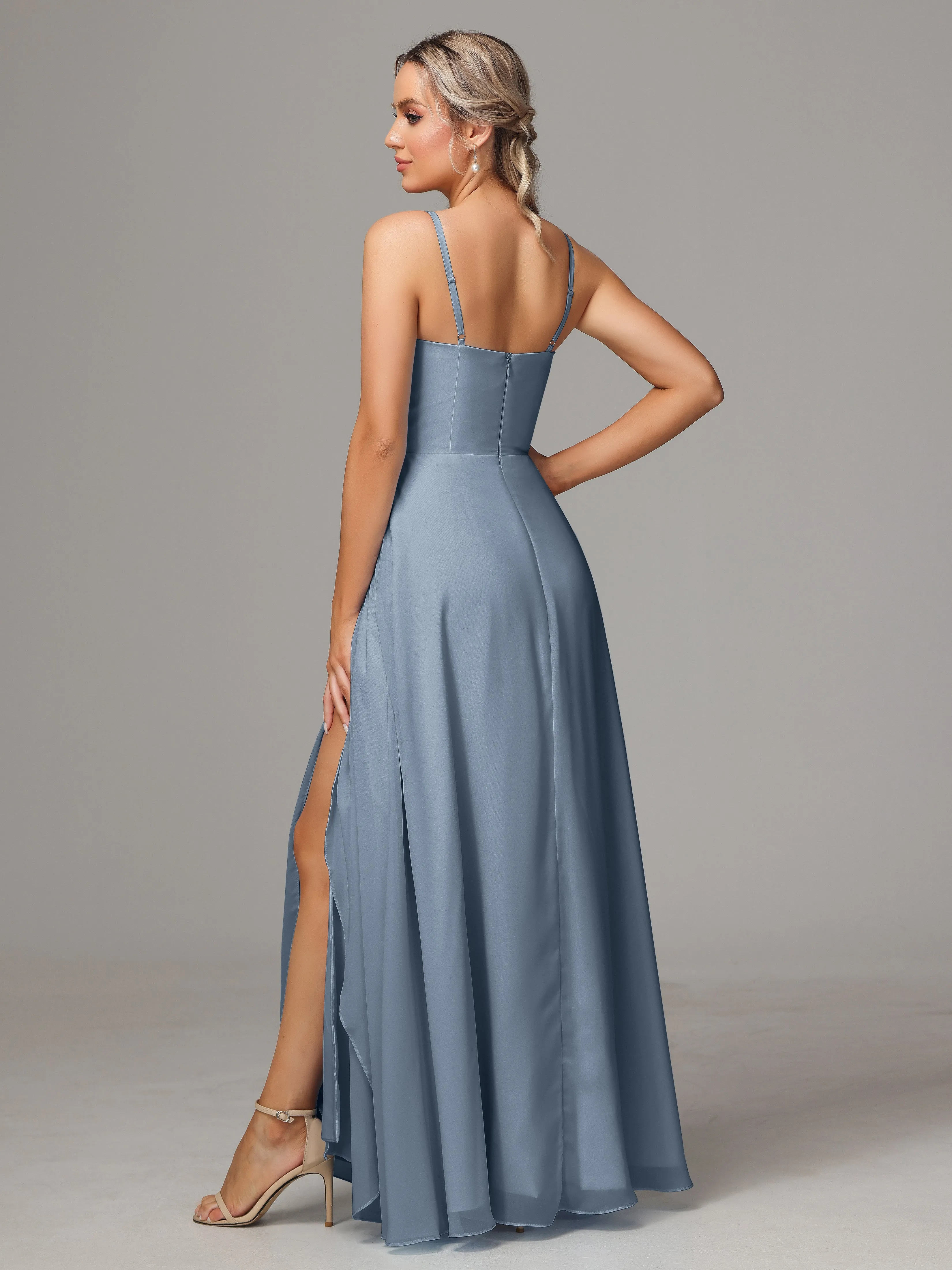 A-Line Ruffles Spaghetti Straps Chiffon Bridesmaid Dresses With Split