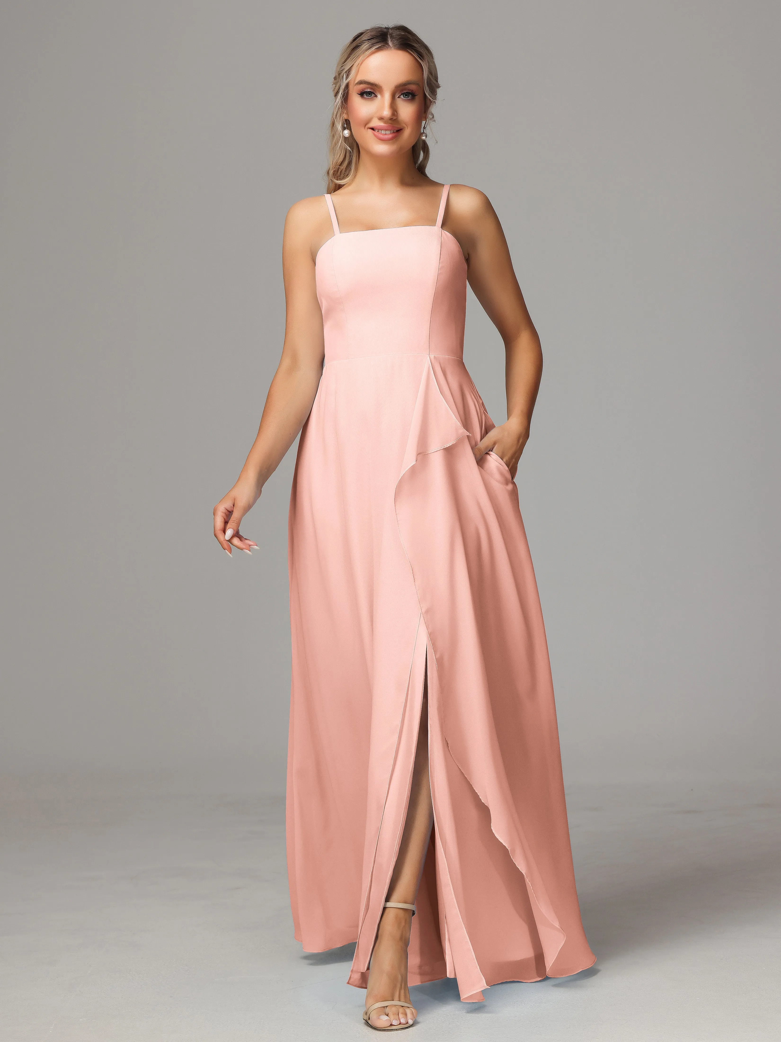 A-Line Ruffles Spaghetti Straps Chiffon Bridesmaid Dresses With Split