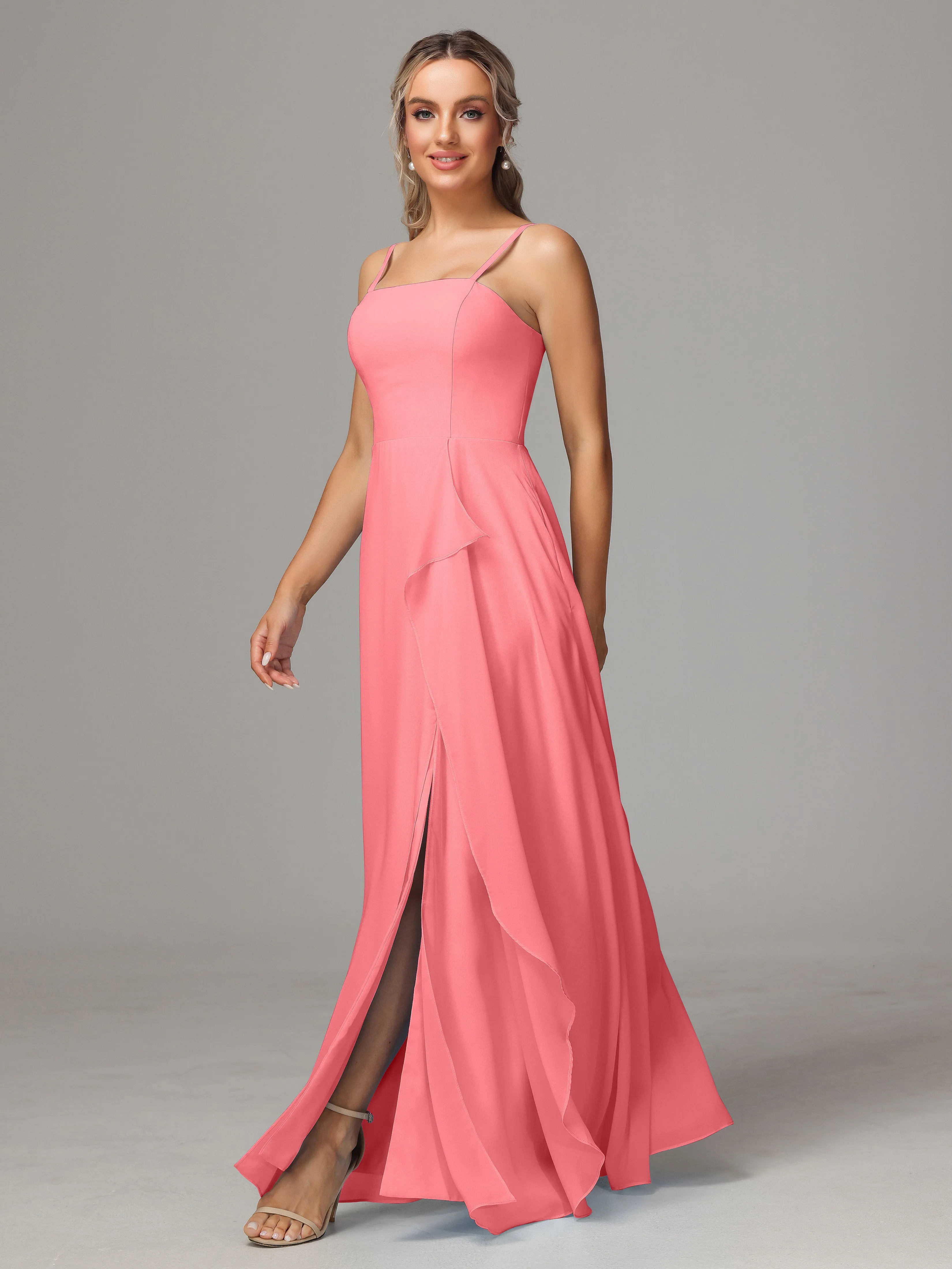 A-Line Ruffles Spaghetti Straps Chiffon Bridesmaid Dresses With Split