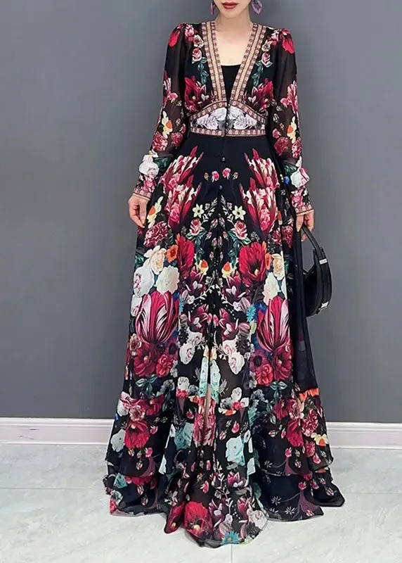 Art V Neck Print Chiffon Long Dresses Fall ML2648