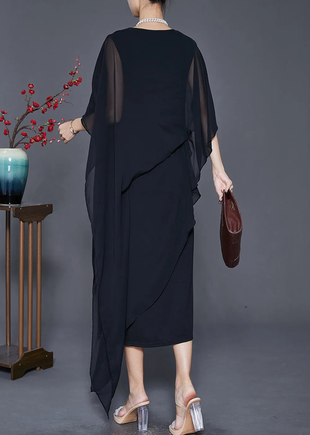 Black Draping Chiffon Robe Dresses Asymmetrical Cloak Sleeves ML1816