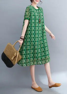 Bohemian Green O-Neck Print Chiffon Beach Dresses Summer LY5280