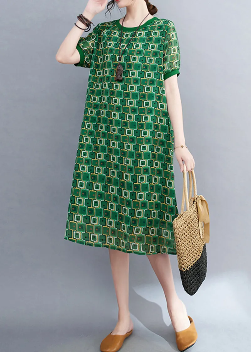 Bohemian Green O-Neck Print Chiffon Beach Dresses Summer LY5280