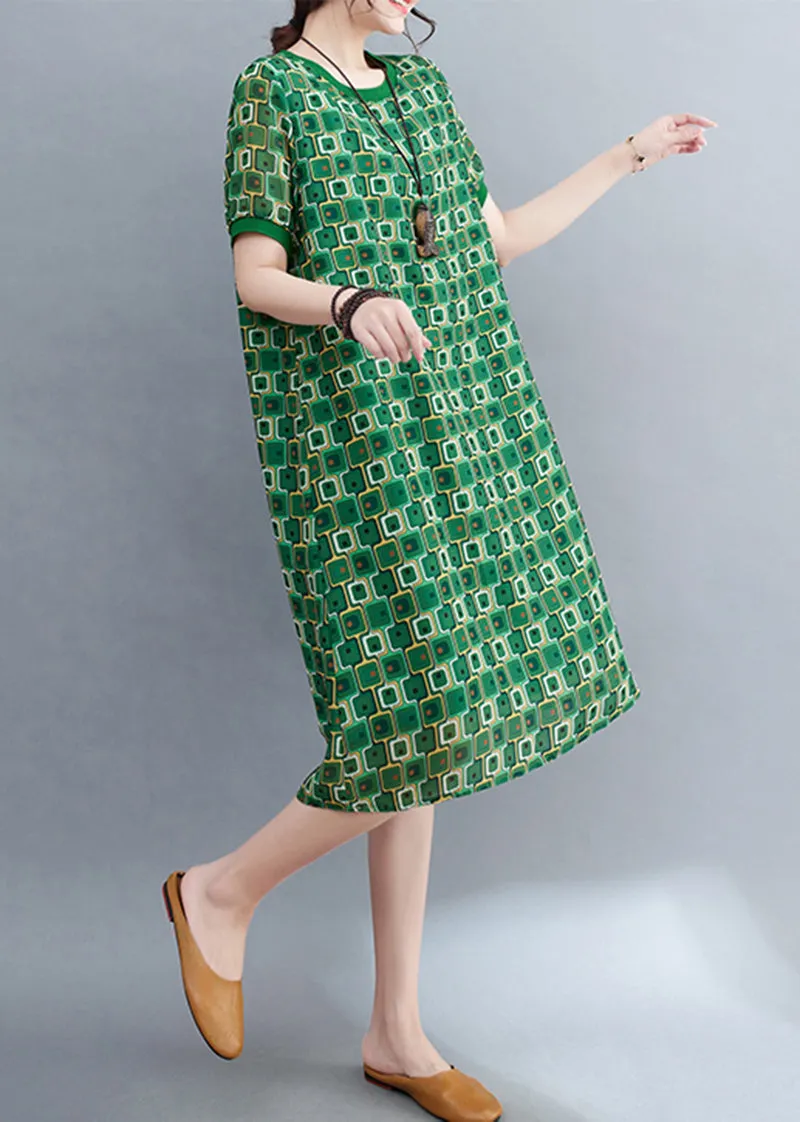 Bohemian Green O-Neck Print Chiffon Beach Dresses Summer LY5280