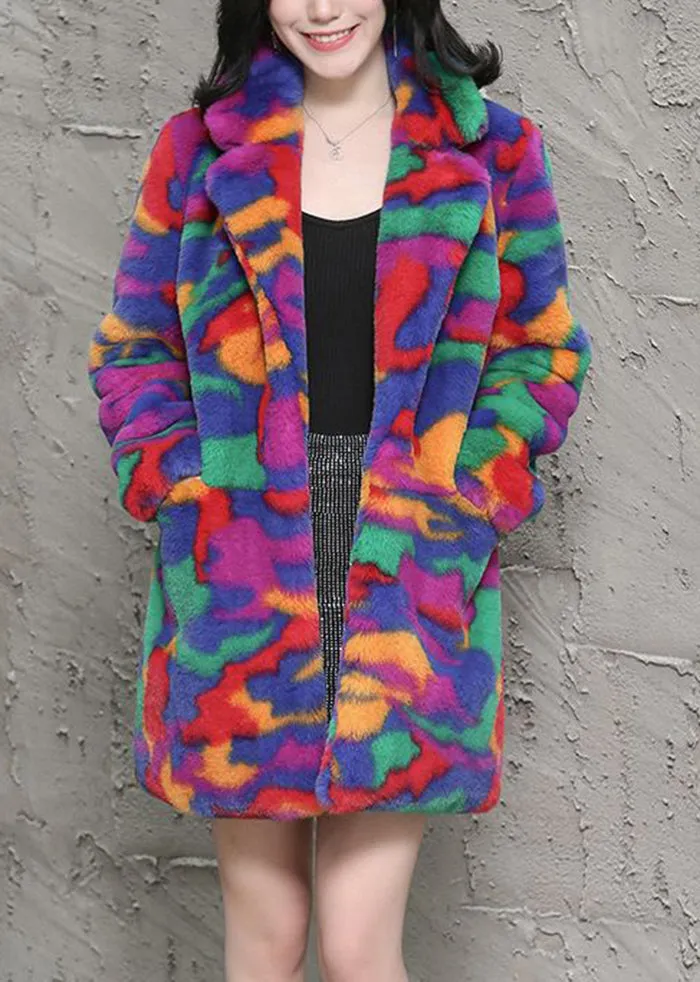 Bohemian Multicolor Oversized Tie Dye Faux Fur Jackets Winter LY9412