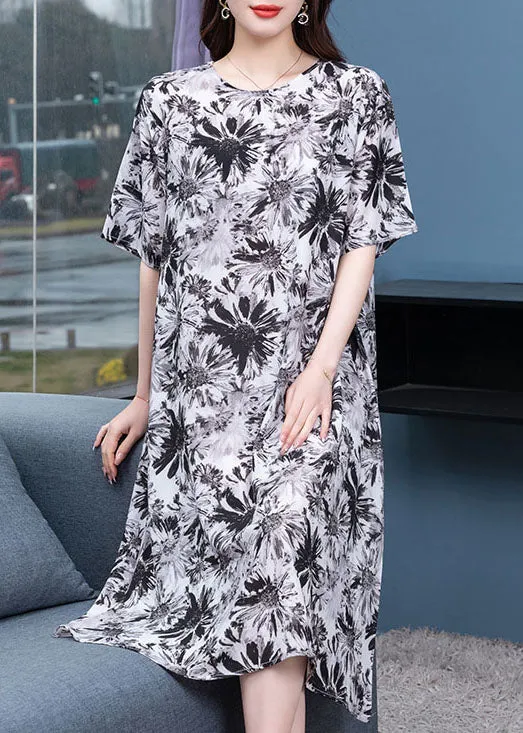 Boho Black Grey O Neck Print Patchwork Chiffon Dresses Half Sleeve LY6891