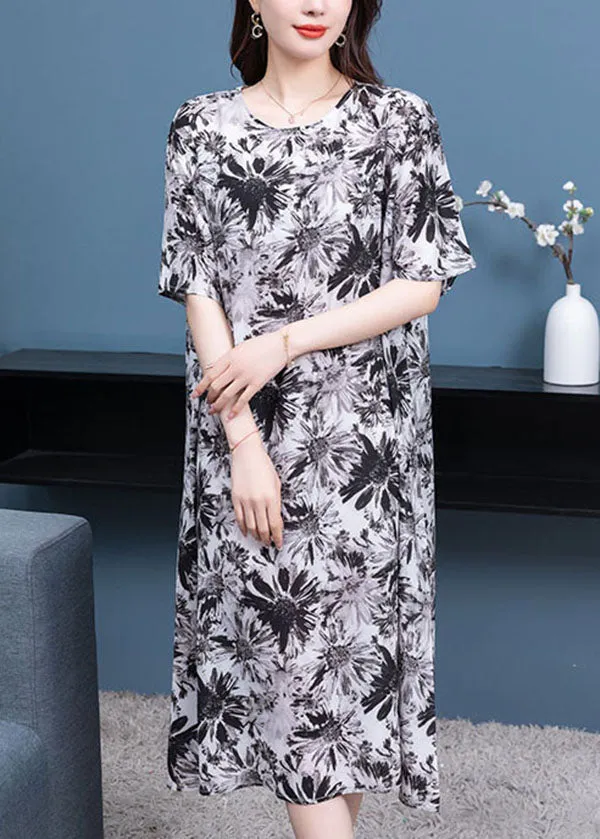 Boho Black Grey O Neck Print Patchwork Chiffon Dresses Half Sleeve LY6891