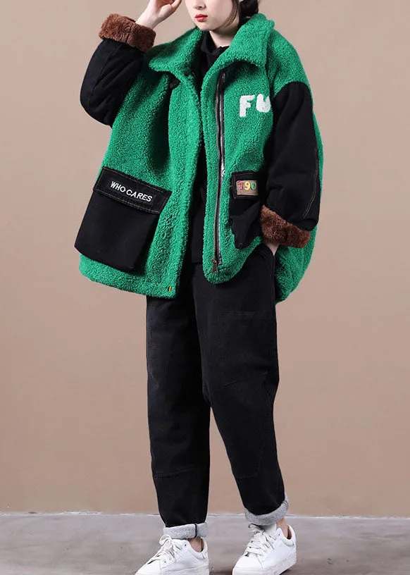 Boutique Green Embroideried denim Patchwork Faux Fur Jackets Winter