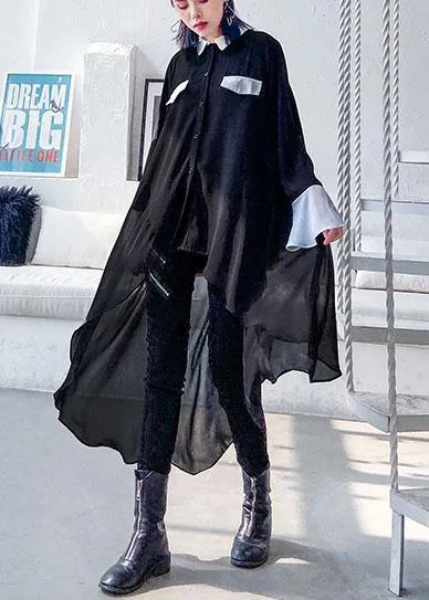 Buy black chiffon Long Shirts Work Outfits asymmetric Plus Size Clothing lapel Dresses