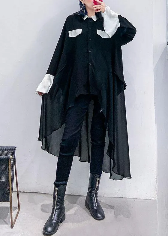 Buy black chiffon Long Shirts Work Outfits asymmetric Plus Size Clothing lapel Dresses