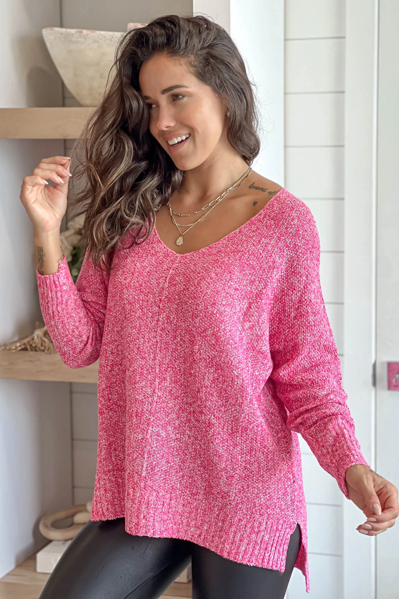 Candy Pink V-Neck Knit Sweater