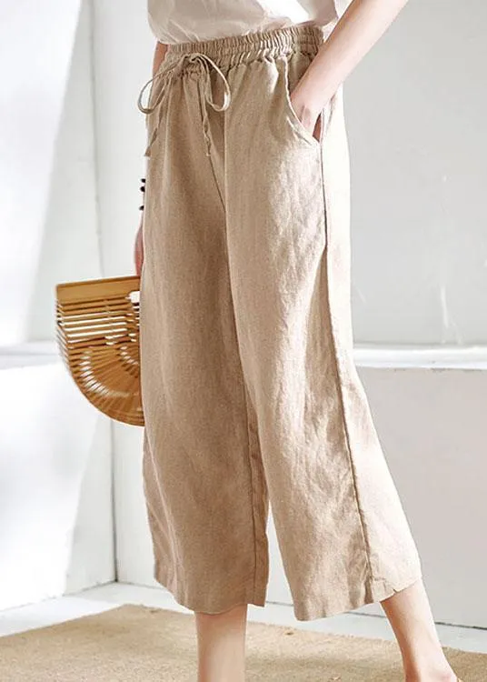 Chic Beige Pockets Casual Wide Leg Summer Pants Linen