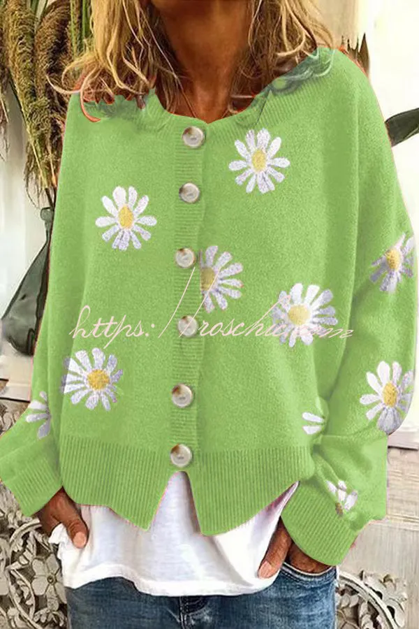 Chrysanthemum Embroidery Knitting Button Down Cardigan Coats