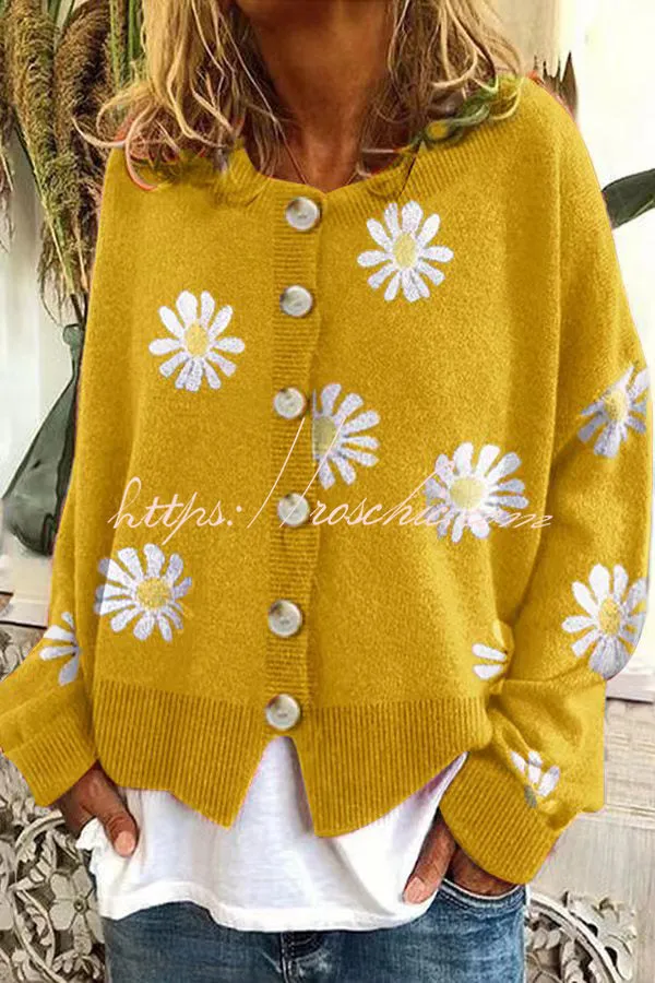 Chrysanthemum Embroidery Knitting Button Down Cardigan Coats