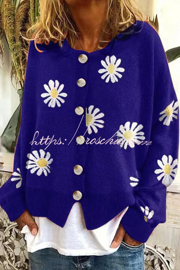 Chrysanthemum Embroidery Knitting Button Down Cardigan Coats