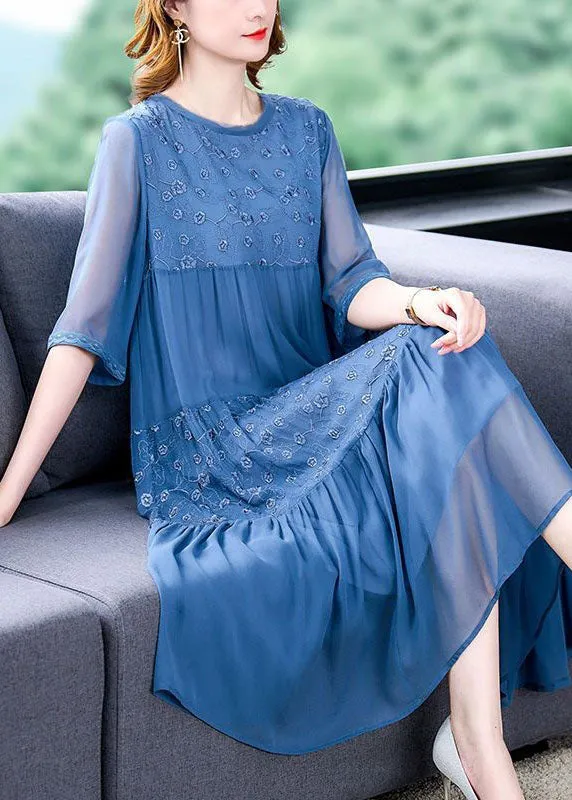 Classy Blue Embroideried Wrinkled Patchwork Chiffon Dresses Summer LY4544