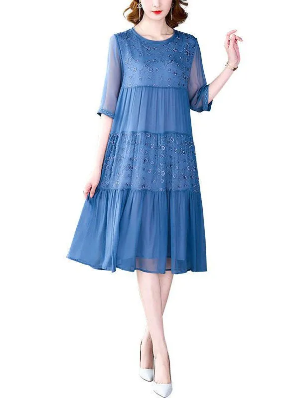 Classy Blue Embroideried Wrinkled Patchwork Chiffon Dresses Summer LY4544