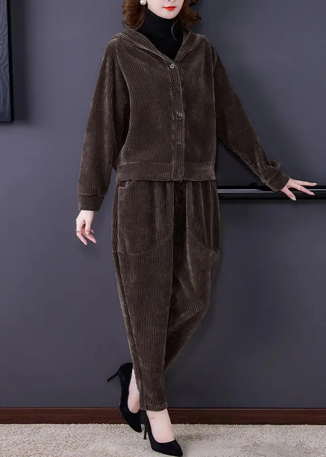 Coffee Patchwork Hooded Corduroy Coats And Harem Pants Two Pieces Set Fall ML0904