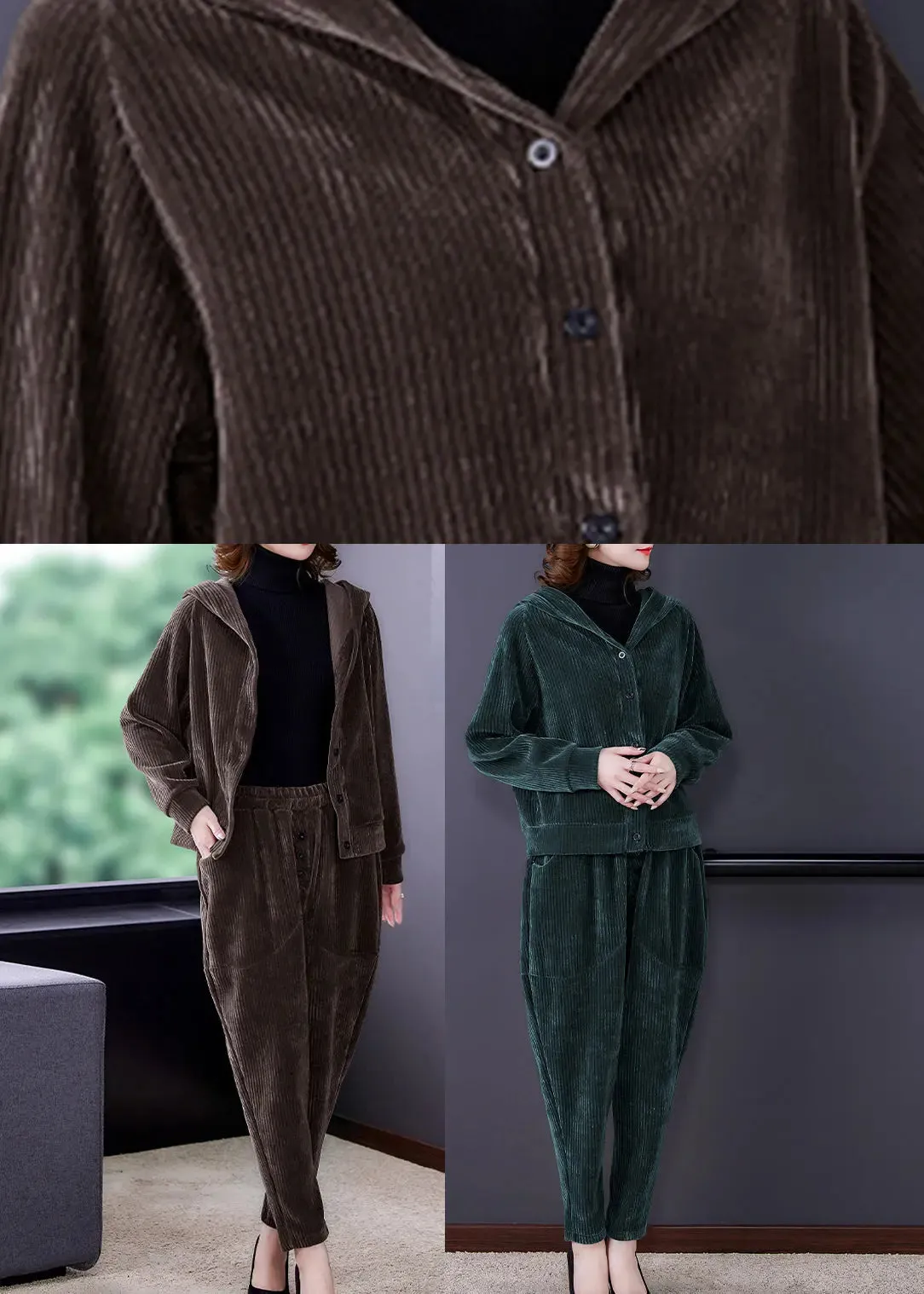 Coffee Patchwork Hooded Corduroy Coats And Harem Pants Two Pieces Set Fall ML0904