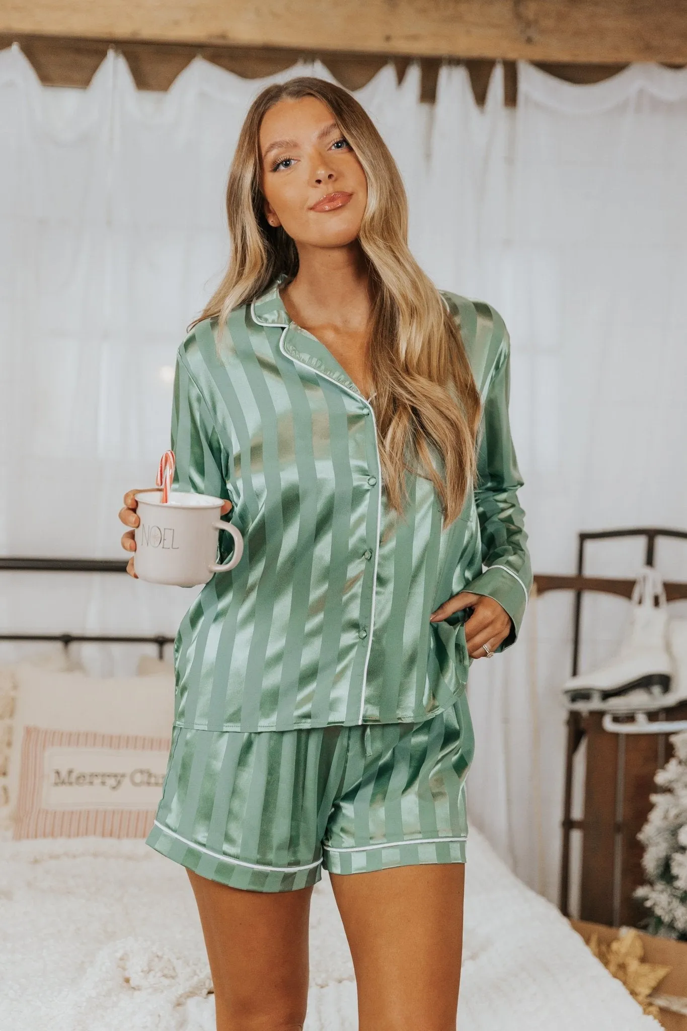 Dreamy Green Satin Two-Piece Pajama Set