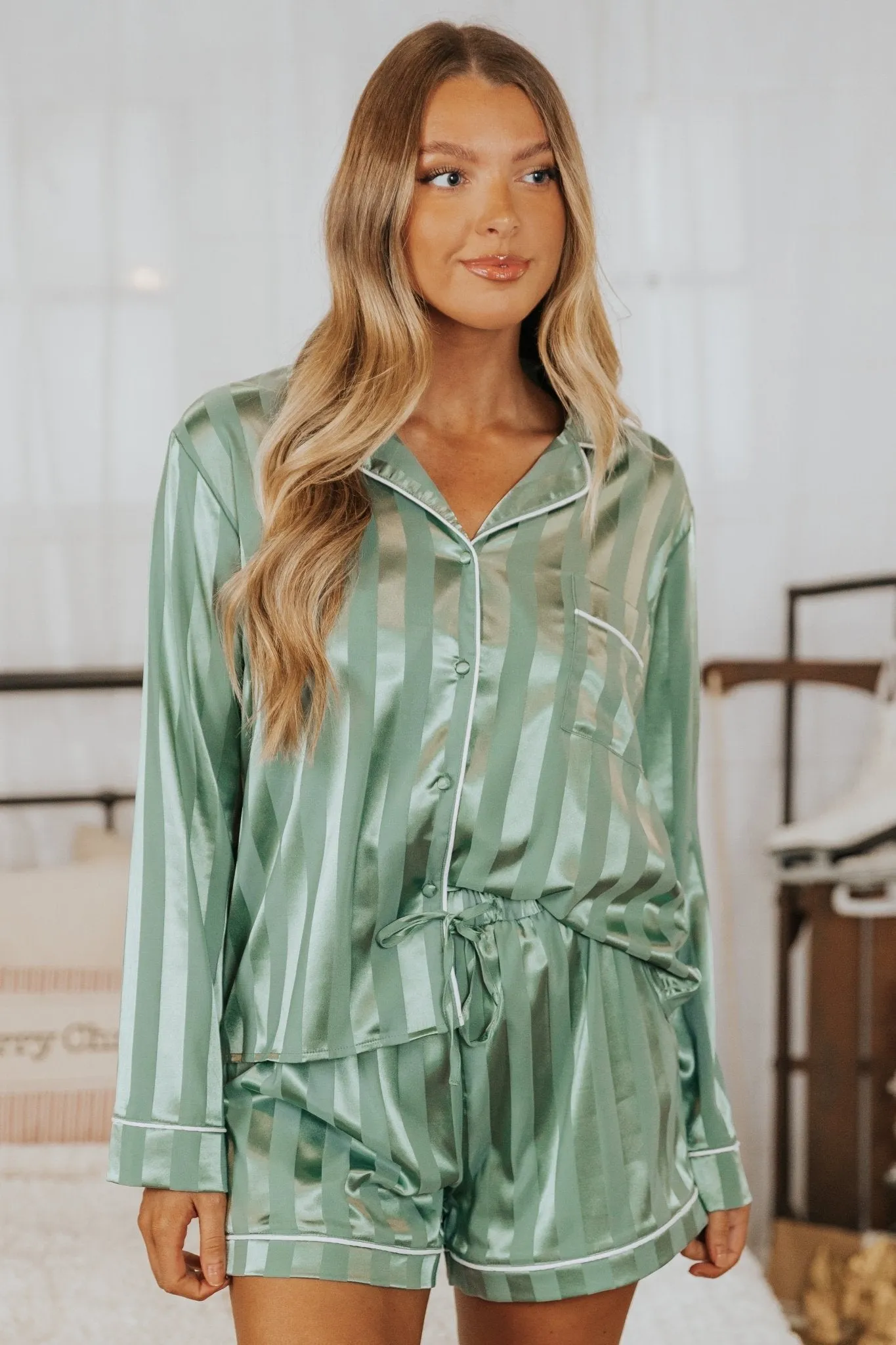 Dreamy Green Satin Two-Piece Pajama Set