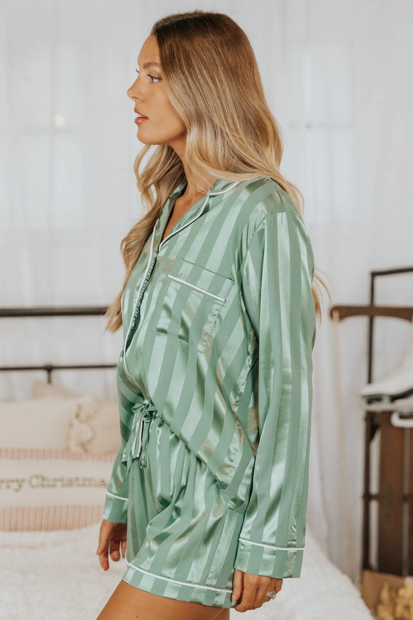 Dreamy Green Satin Two-Piece Pajama Set