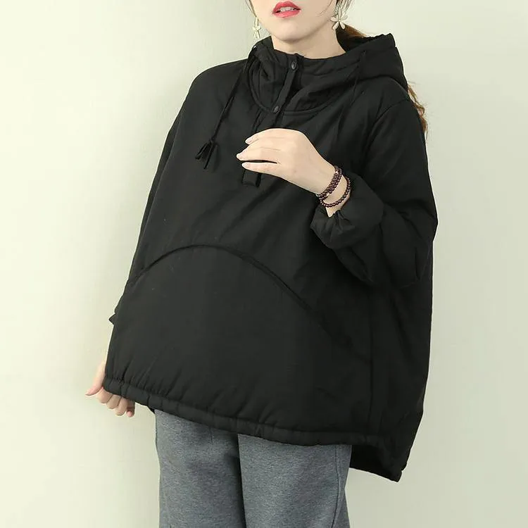 Elegant black women parka plus size snow jackets hooded drawstring coats