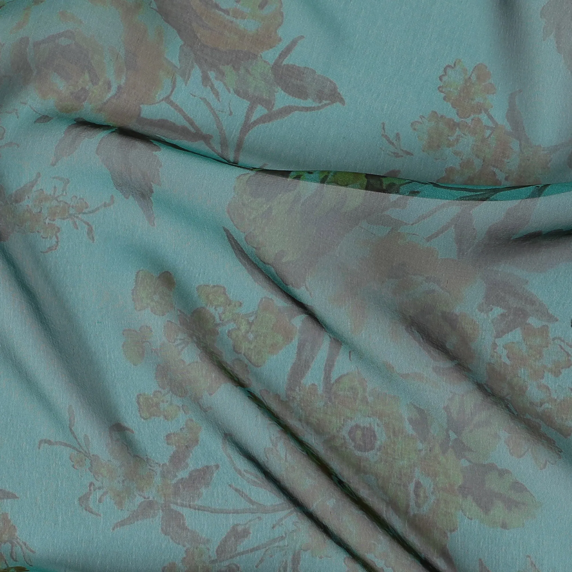 Elegant Turquoise Floral Pure Silk Chiffon Fabric, 110 cms, South Korea-D19887