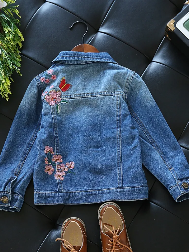 Girls Distressed Denim Jacket with Floral And Butterfly Embroidery