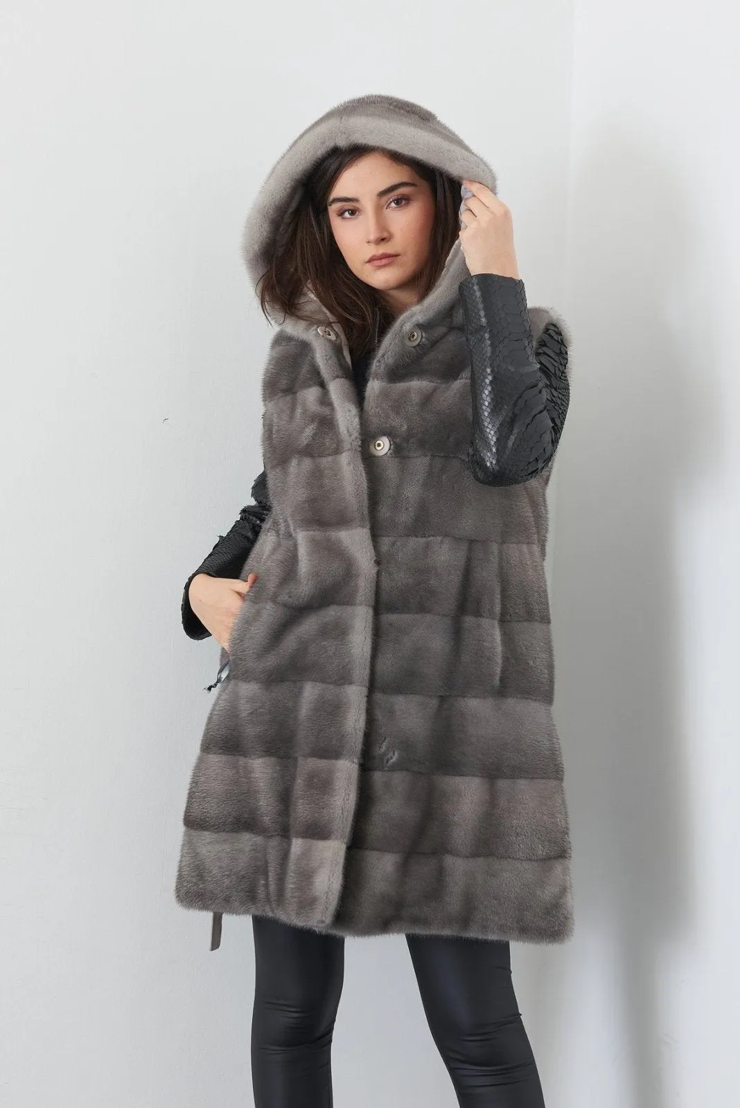 Grey Long Double face Mink Fur Vest