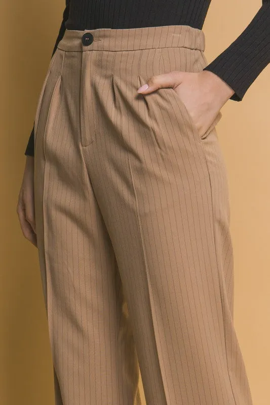 Khaki Formal Striped Straight-Leg Pants