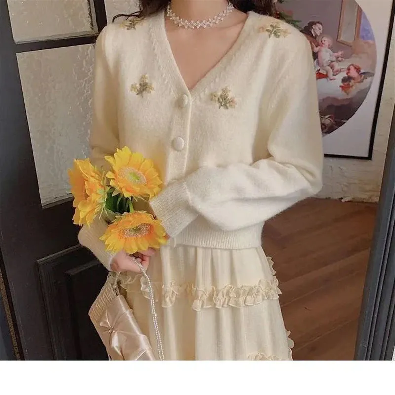 KittenAlarm - V Neck Floral Embroidered Knitted Cardigan Sweater