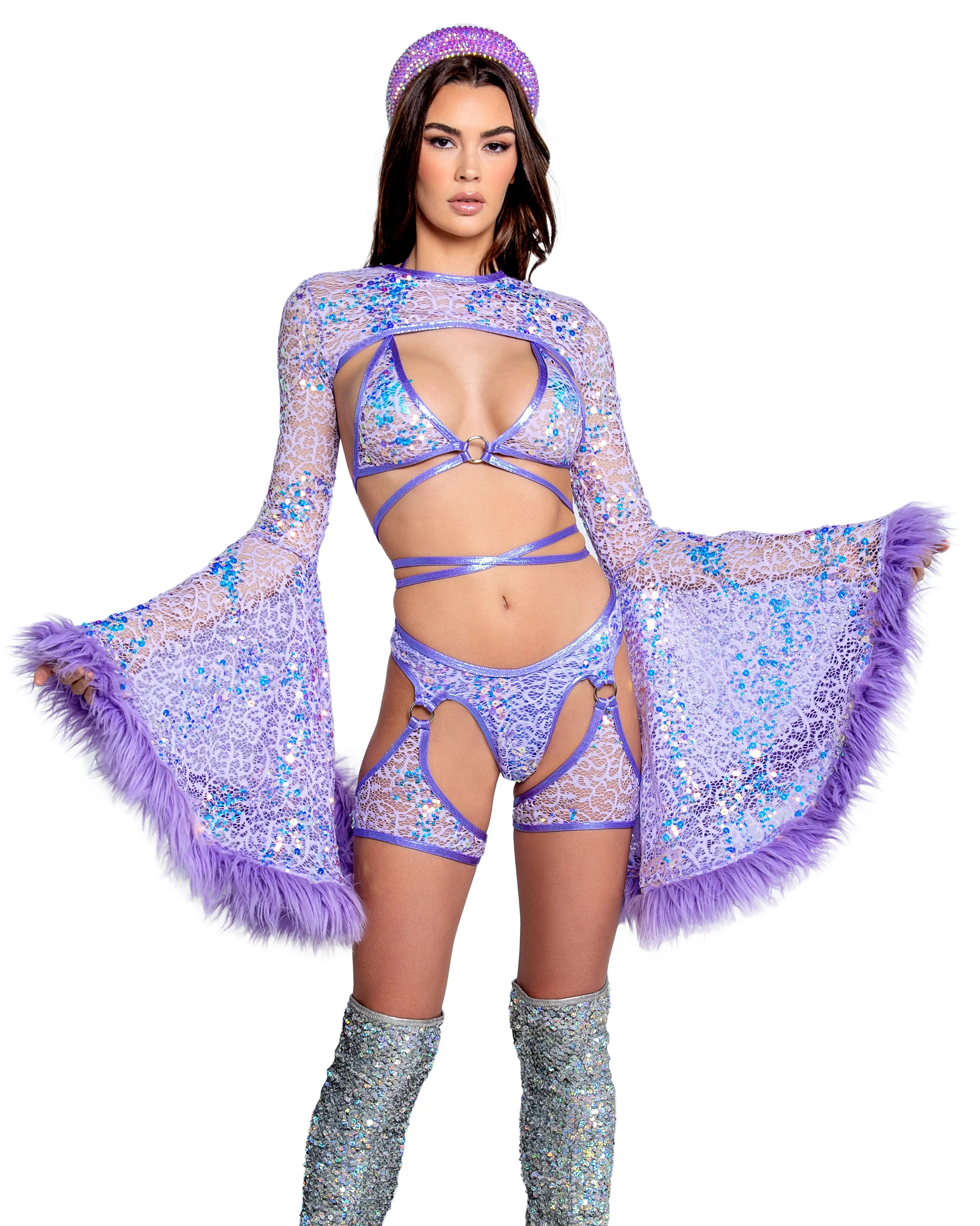 Lilac Sequin Fur-Trimmed Shrug