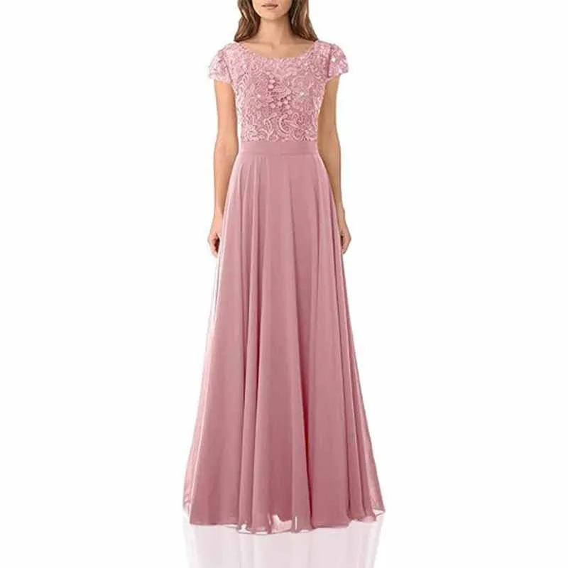 Long lace bridesmaid dresses with cap sleeves lace top wedding guest dress event dress