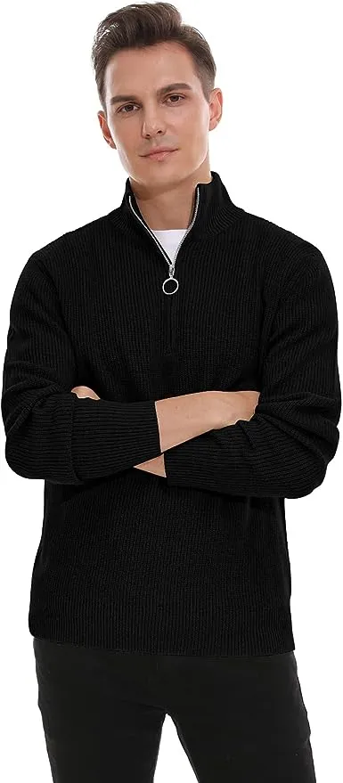 Men's Soft Sweaters Quarter Zip Pullover Classic Ribbed Turtleneck Sweater - Black