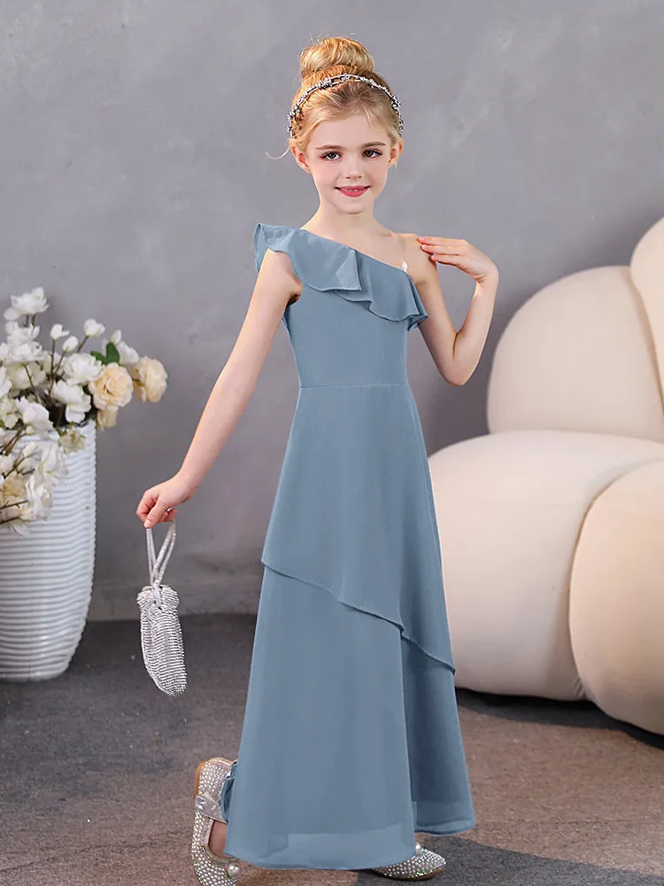 One Shoulder Ruffles Chiffon Junior Bridesmaid Dresses