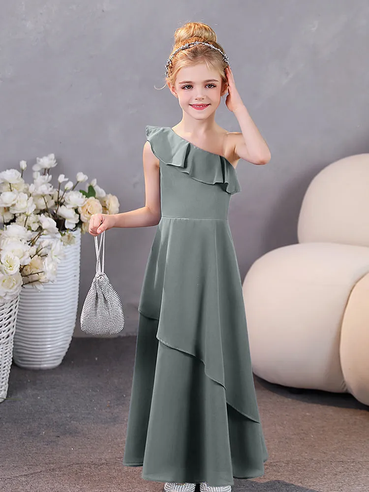 One Shoulder Ruffles Chiffon Junior Bridesmaid Dresses