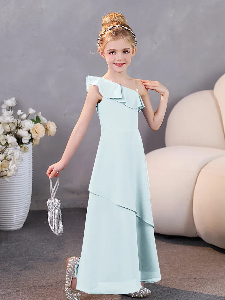 One Shoulder Ruffles Chiffon Junior Bridesmaid Dresses