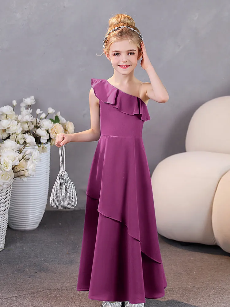 One Shoulder Ruffles Chiffon Junior Bridesmaid Dresses