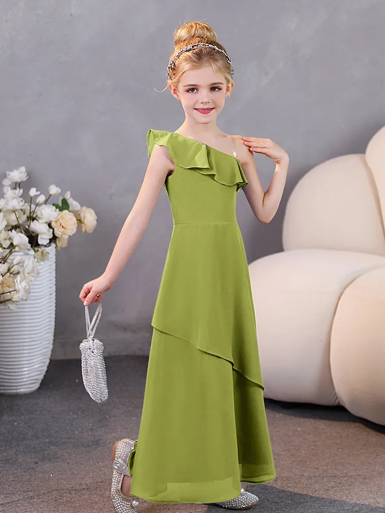 One Shoulder Ruffles Chiffon Junior Bridesmaid Dresses