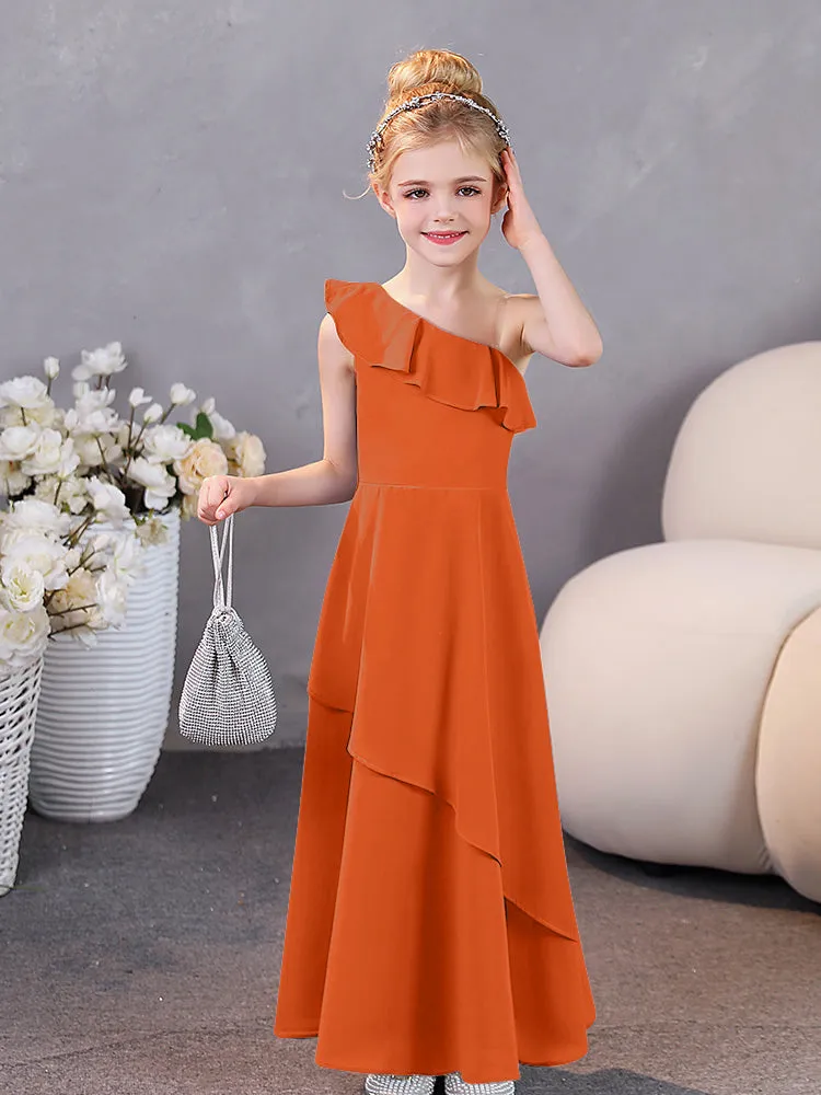 One Shoulder Ruffles Chiffon Junior Bridesmaid Dresses