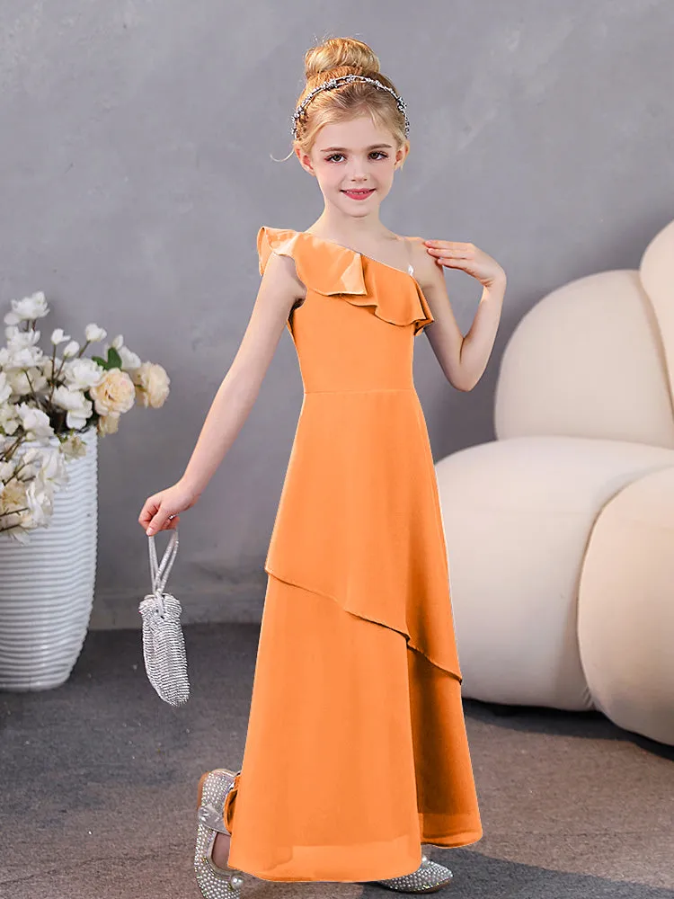 One Shoulder Ruffles Chiffon Junior Bridesmaid Dresses