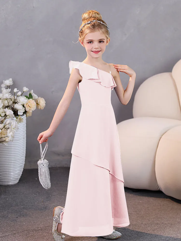 One Shoulder Ruffles Chiffon Junior Bridesmaid Dresses