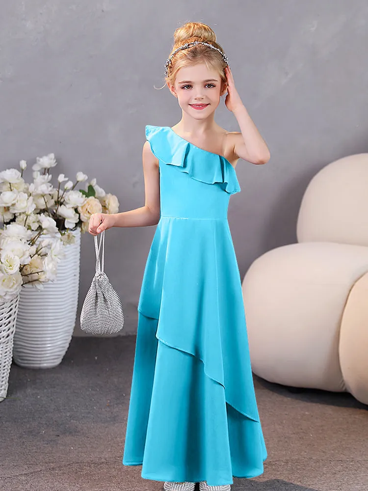 One Shoulder Ruffles Chiffon Junior Bridesmaid Dresses