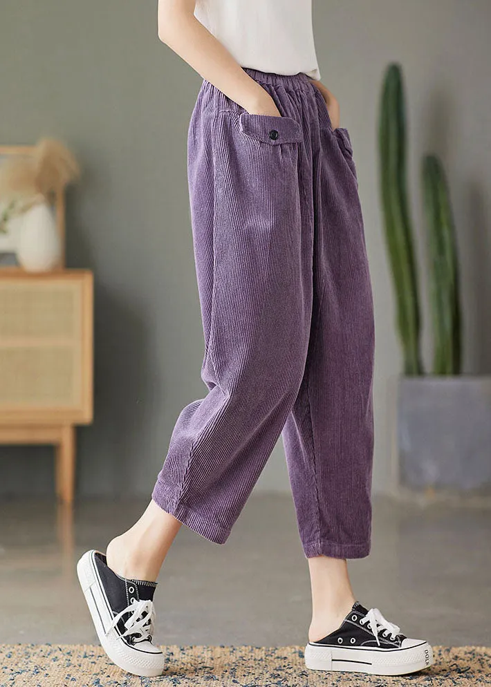 Plus Size Purple elastic waist Pockets Corduroy Pants Spring