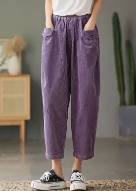 Plus Size Purple elastic waist Pockets Corduroy Pants Spring