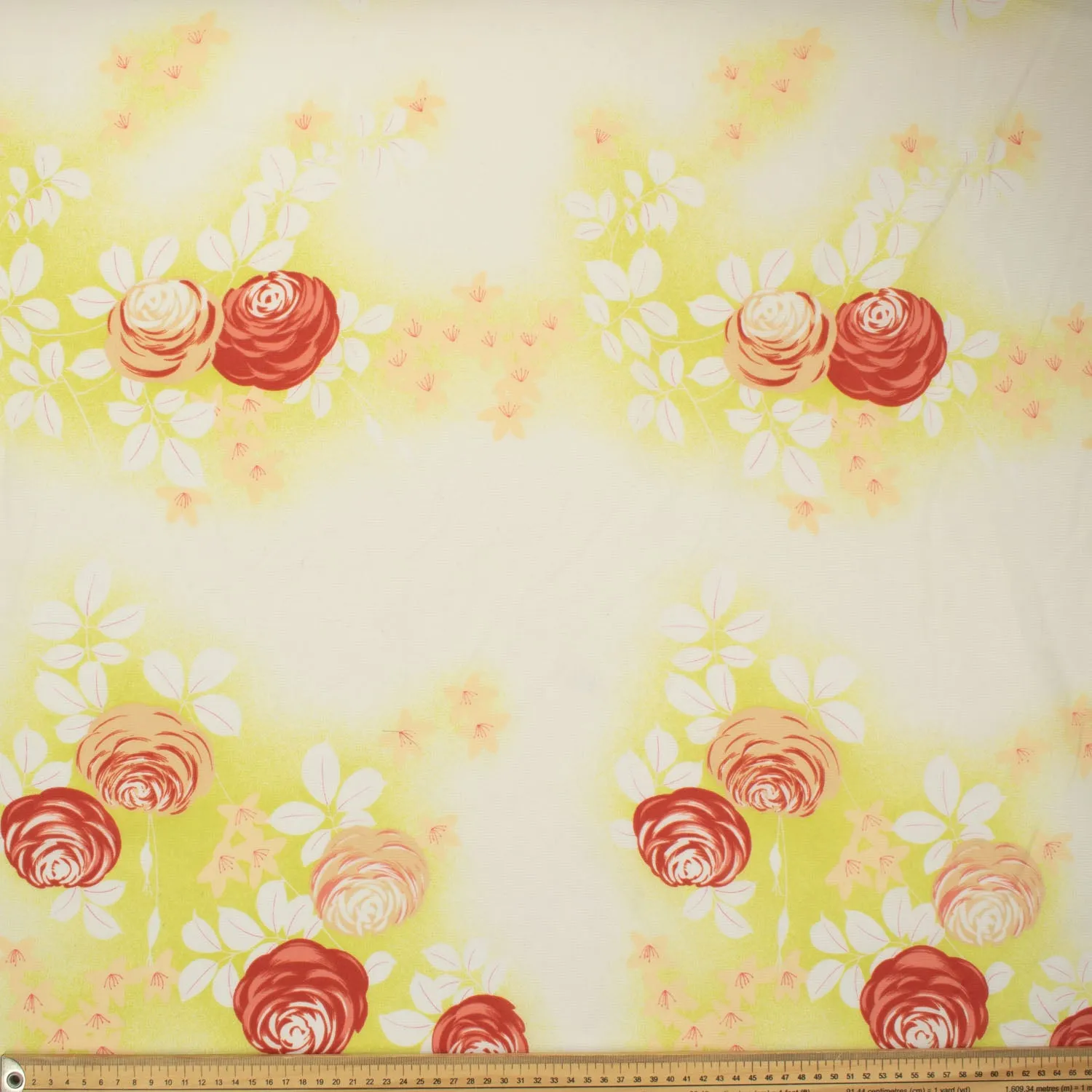 Printed Chiffon Design-14 Red & Beige Roses on Yellow