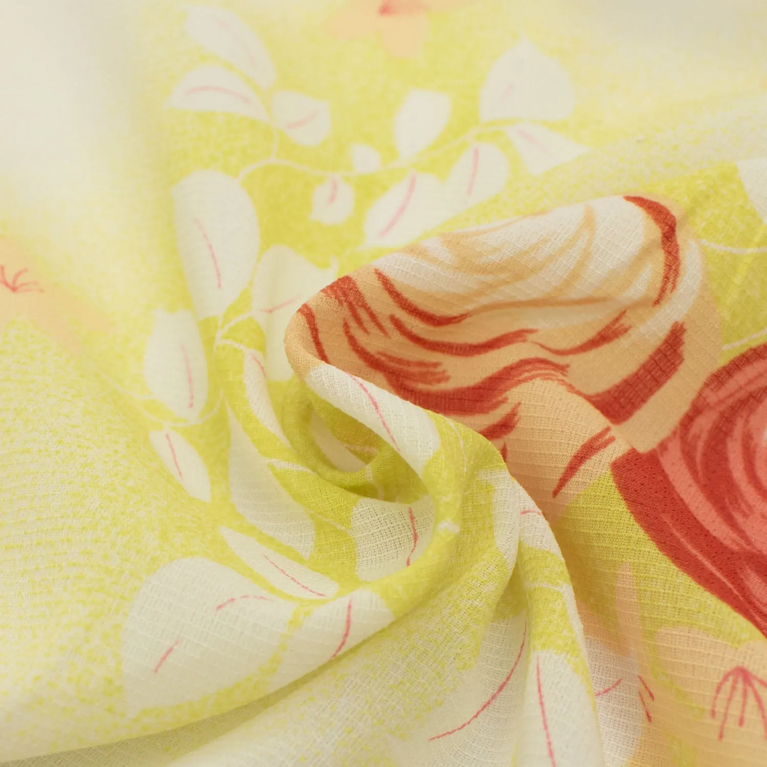 Printed Chiffon Design-14 Red & Beige Roses on Yellow