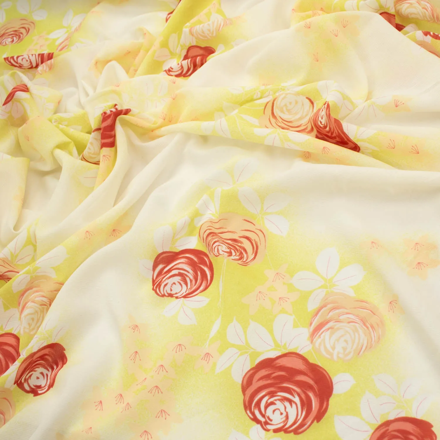 Printed Chiffon Design-14 Red & Beige Roses on Yellow